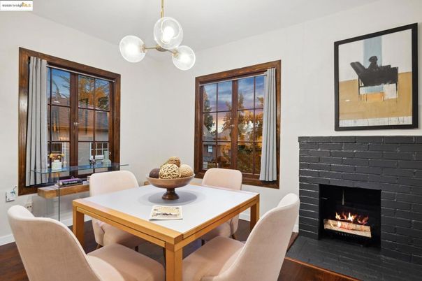 Dining room, Fireplace, Interior, Pendant Lights, Wood Texture Flooring
