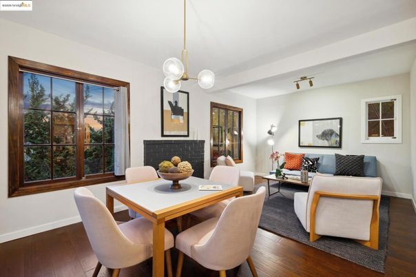 Dining room, Fireplace, Interior, Living room, Pendant Lights, Wood Texture Flooring