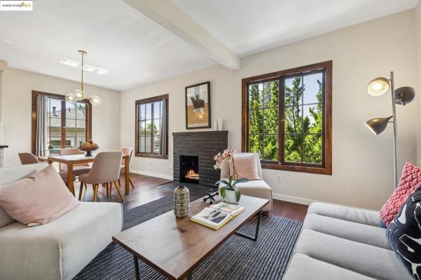 Dining room, Fireplace, Interior, Living room, Pendant Lights, Wood Texture Flooring