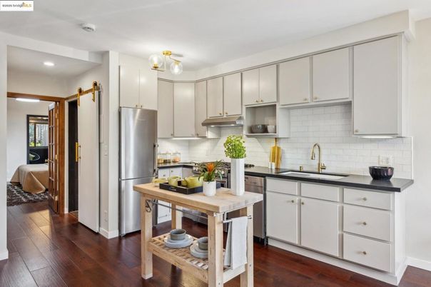 Interior, Kitchen, Recessed Lighting, Stainless Steel Appliances, Wood Texture Flooring