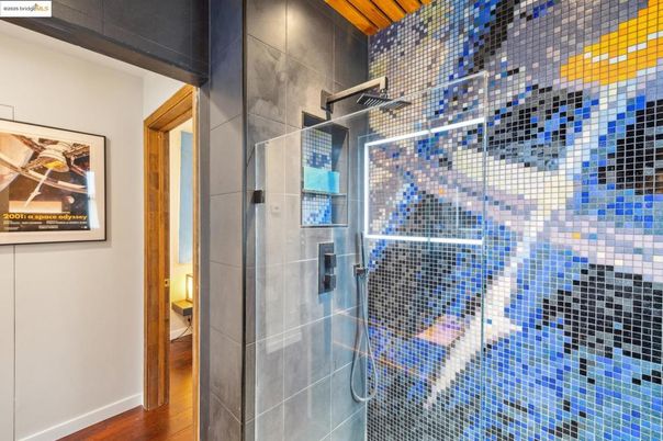 Bathroom, Glass Shower, Interior, Wood Texture Flooring
