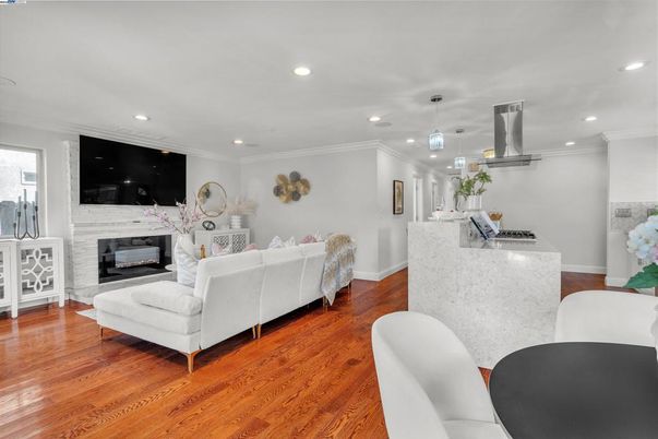 Fireplace, Interior, Kitchen, Living room, Pendant Lights, Recessed Lighting, Wood Texture Flooring