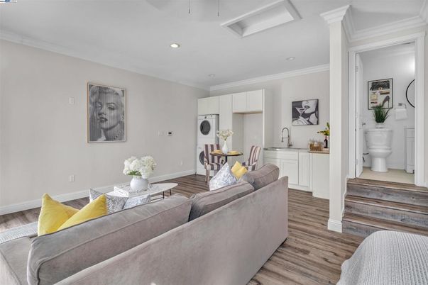 Bathroom, Dining room, Interior, Living room, Recessed Lighting, Wood Texture Flooring