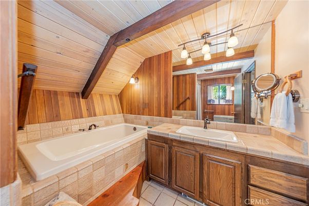 Bathroom, Interior, Tile Countertops, Wooden Beams, Wooden Ceilings, Wooden Walls