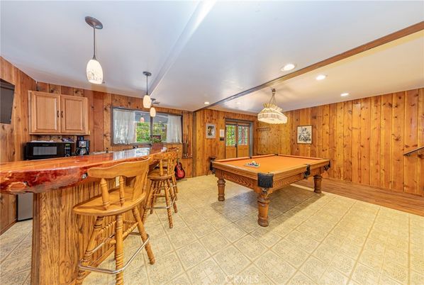 Billiard Table, Game Room, Interior, Pendant Lights, Recessed Lighting, Wood Texture Flooring, Wooden Walls