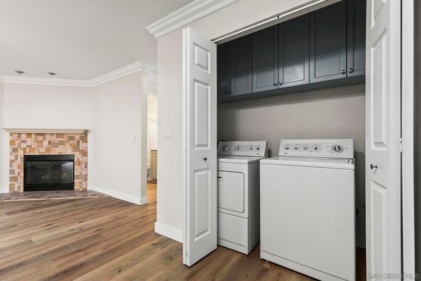 Fireplace, Interior, Utility Closets, Washer, Wood Texture Flooring