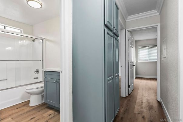 Bathroom, Glass Shower, Interior, Wood Texture Flooring