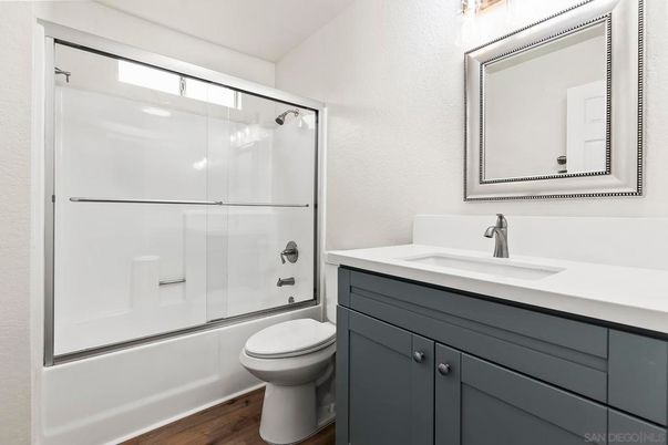 Bathroom, Glass Shower, Interior, Wood Texture Flooring