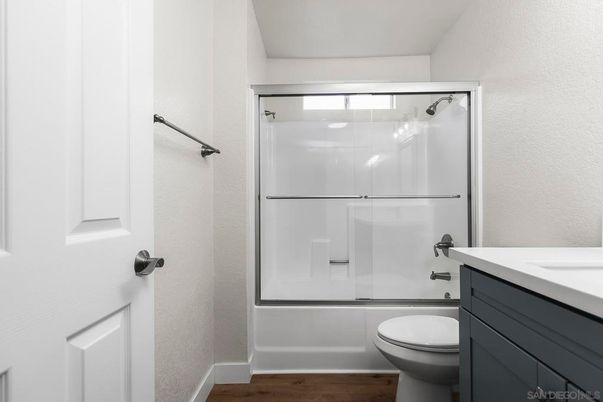 Bathroom, Glass Shower, Interior, Wood Texture Flooring