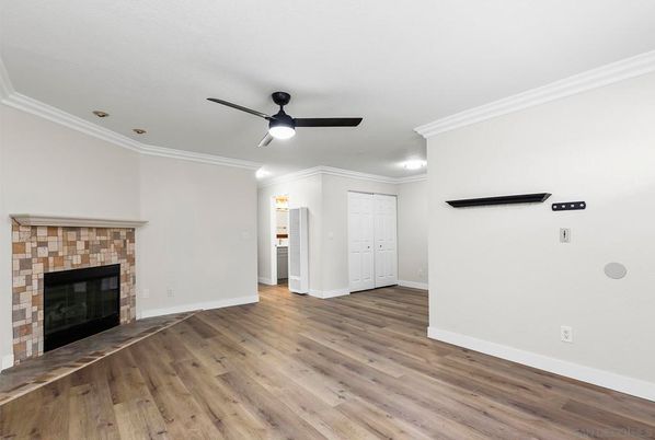 Empty room, Fireplace, Interior, Recessed Lighting, Wood Texture Flooring