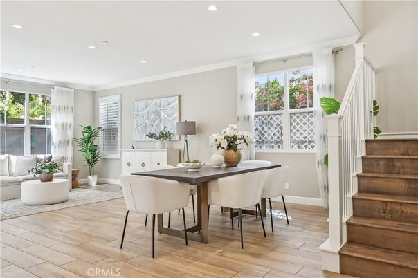 Dining room, Interior, Recessed Lighting, Wood Texture Flooring