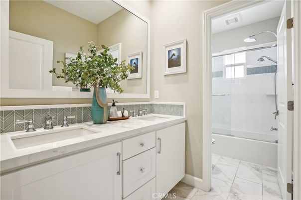 Bathroom, Dual Sink Vanities, Glass Shower, Interior, Marble, Recessed Lighting