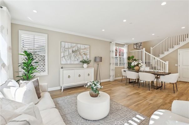 Dining room, Interior, Living room, Recessed Lighting, Wood Texture Flooring