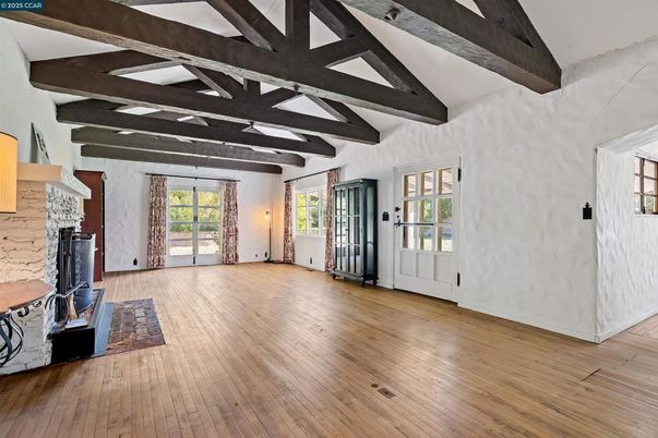 Empty room, Fireplace, Interior, Wooden Beams, Wood Texture Flooring