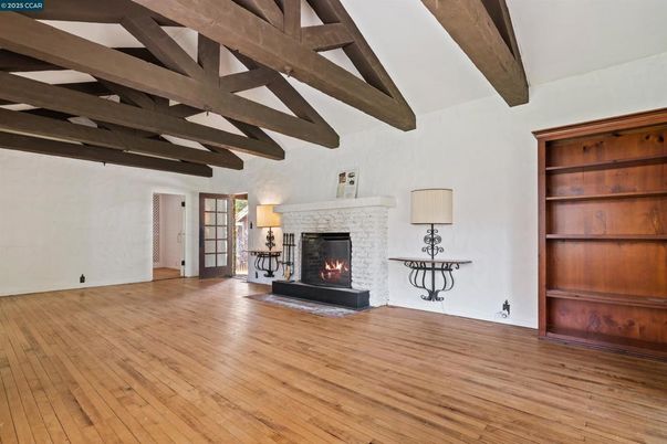 Empty room, Fireplace, Interior, Wooden Beams, Wood Texture Flooring