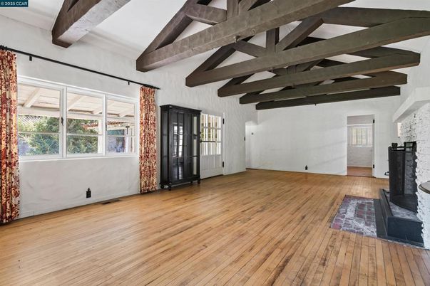 Empty room, Fireplace, Interior, Wooden Beams, Wood Texture Flooring