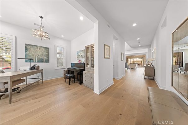 Home Office, Interior, Pendant Lights, Piano, Recessed Lighting, Wood Texture Flooring