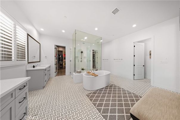 Bathroom, Dual Sink Vanities, Free Standing Baths, Glass Shower, Interior, Recessed Lighting