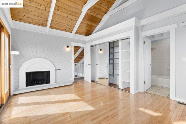 Empty room, Fireplace, Interior, Wooden Ceilings, Wood Texture Flooring