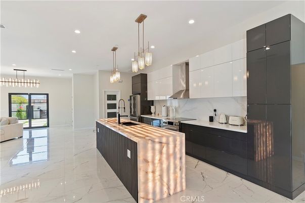 Interior, Kitchen, Marble, Pendant Lights, Recessed Lighting, Stainless Steel Appliances