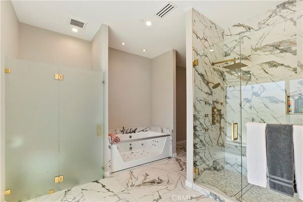 Bathroom, Glass Shower, Interior, Marble, Marble Walls, Recessed Lighting