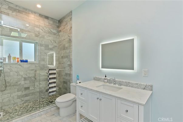 Bathroom, Glass Shower, Interior, Recessed Lighting, Stone Walls