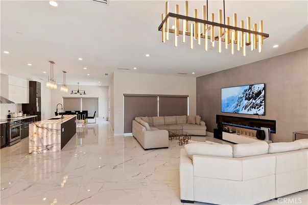 Dining room, Fireplace, Interior, Kitchen, Living room, Marble, Pendant Lights, Recessed Lighting
