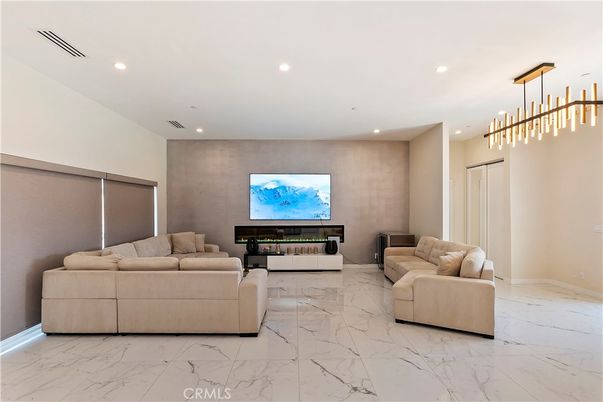 Fireplace, Interior, Living room, Marble, Pendant Lights, Recessed Lighting