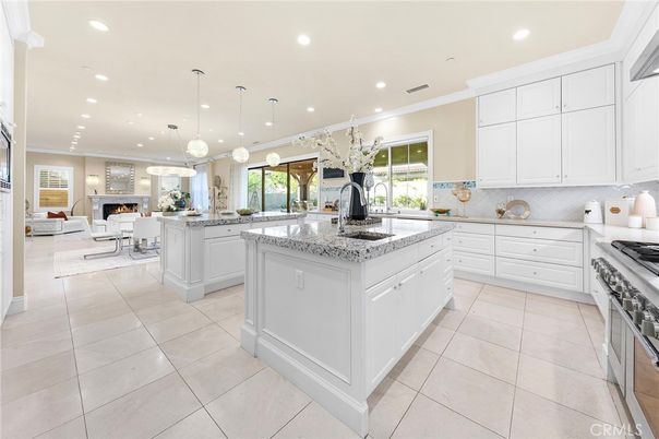 Dining room, Fireplace, Interior, Kitchen, Living room, Pendant Lights, Recessed Lighting, Stainless Steel Appliances
