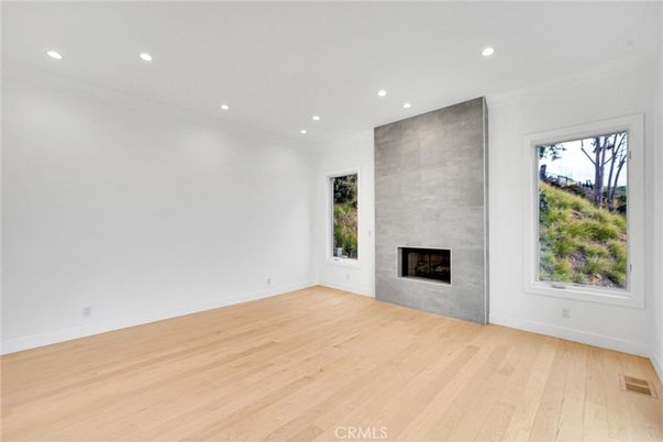 Empty room, Fireplace, Interior, Recessed Lighting, Wood Texture Flooring