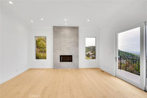 Empty room, Fireplace, Interior, Recessed Lighting, Wood Texture Flooring