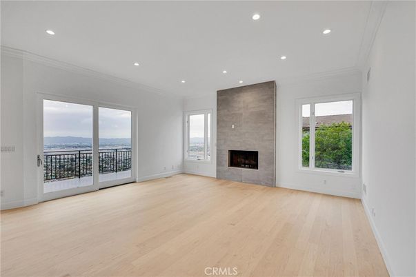 Empty room, Fireplace, Interior, Recessed Lighting, Wood Texture Flooring