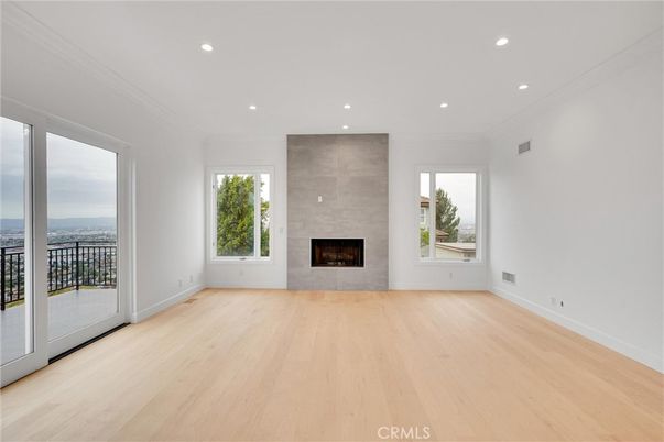 Empty room, Fireplace, Interior, Recessed Lighting, Wood Texture Flooring