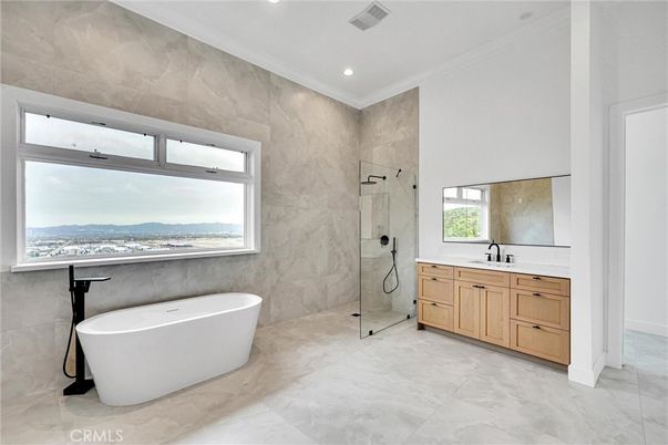 Bathroom, Free Standing Baths, Glass Shower, Interior, Marble, Marble Walls, Recessed Lighting