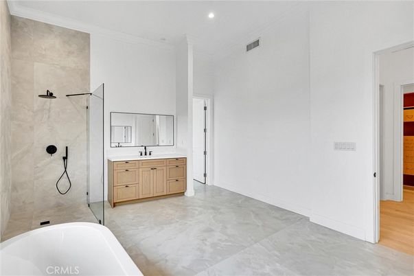 Bathroom, Glass Shower, Interior, Marble, Recessed Lighting, Wood Texture Flooring