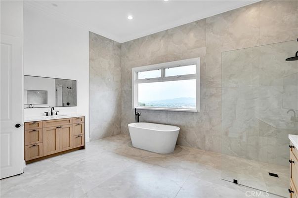Bathroom, Free Standing Baths, Glass Shower, Interior, Marble Walls, Recessed Lighting