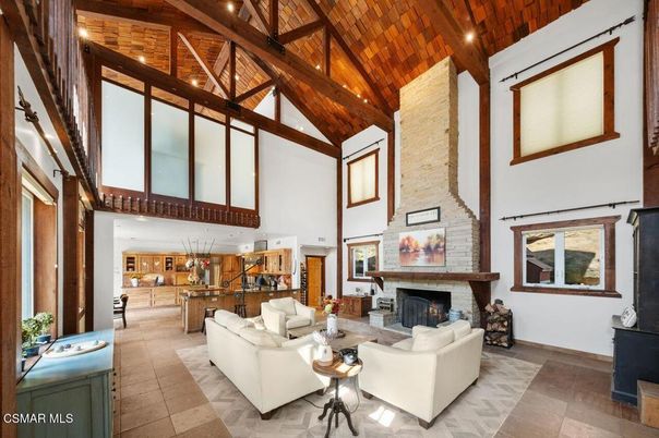 Fireplace, Interior, Living room, Recessed Lighting, Wooden Beams, Wooden Ceilings