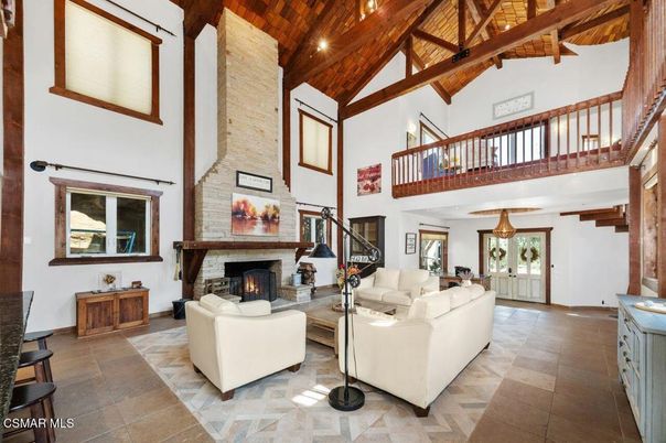Fireplace, Interior, Living room, Recessed Lighting, Stone Walls, Wooden Beams, Wooden Ceilings