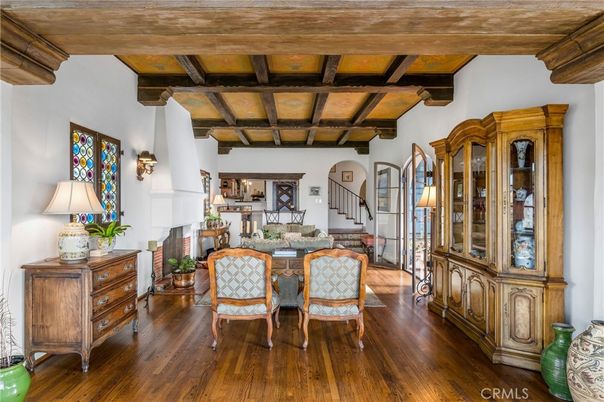 Dining room, Fireplace, Interior, Wooden Beams, Wooden Ceilings, Wood Texture Flooring