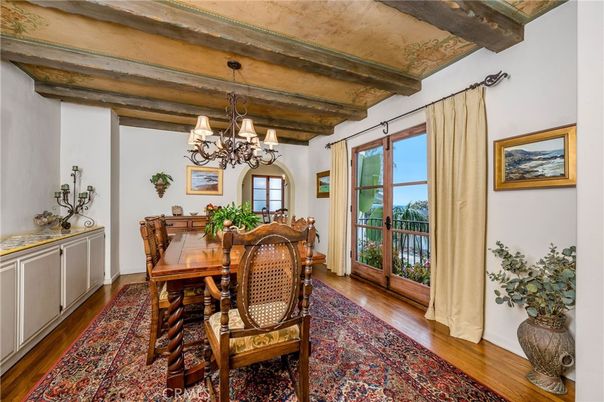 Chandelier, Dining room, Interior, Wooden Beams, Wood Texture Flooring