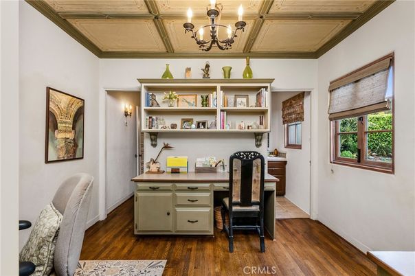 Chandelier, Home Office, Interior, Wooden Beams, Wood Texture Flooring