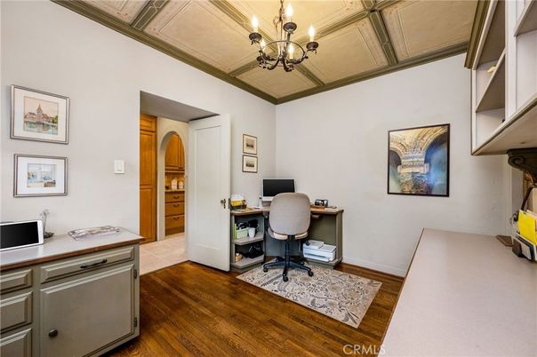 Chandelier, Home Office, Interior, Wooden Beams, Wood Texture Flooring