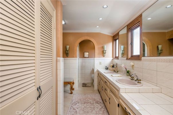 Bathroom, Dual Sink Vanities, Interior, Recessed Lighting, Tile Countertops