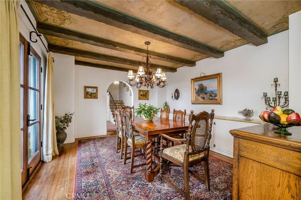 Chandelier, Dining room, Interior, Wooden Beams, Wood Texture Flooring