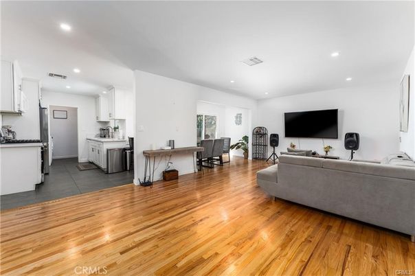 Dining room, Interior, Kitchen, Living room, Recessed Lighting, Wood Texture Flooring