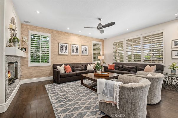 Fireplace, Interior, Living room, Recessed Lighting, Wood Texture Flooring