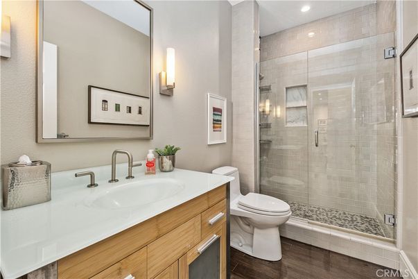 Bathroom, Glass Shower, Interior, Recessed Lighting, Wood Texture Flooring