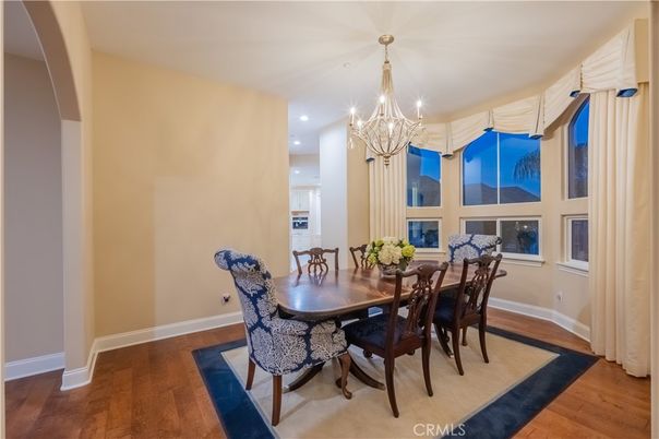 Chandelier, Dining room, Interior, Recessed Lighting, Wood Texture Flooring