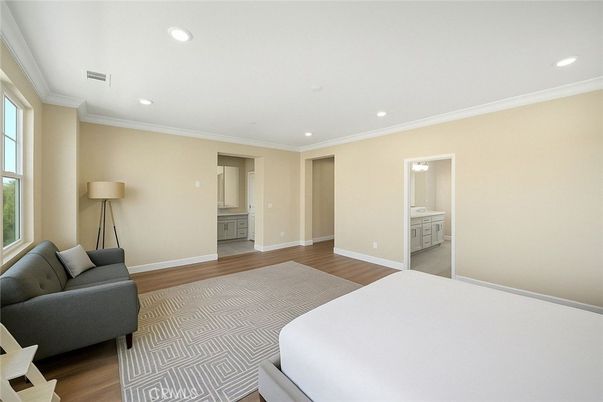 Bedroom, Interior, Recessed Lighting, Wood Texture Flooring