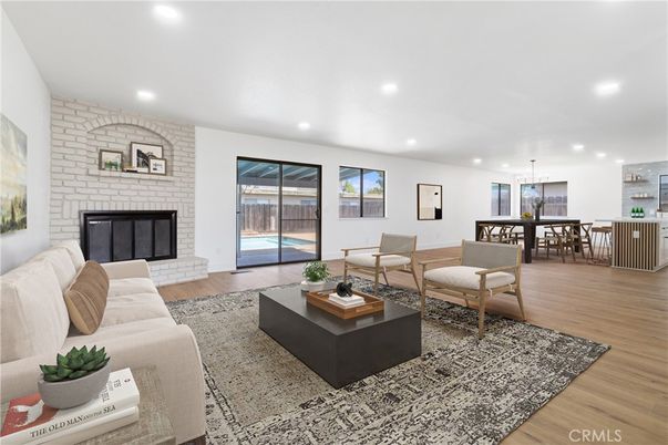 Dining room, Fireplace, Interior, Living room, Pendant Lights, Recessed Lighting, Stone Walls, Wood Texture Flooring